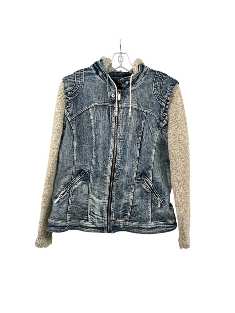 LA Coalition Womens Jean Knit Jacket Full Zip Hooded Zip Pocket Multicolor M